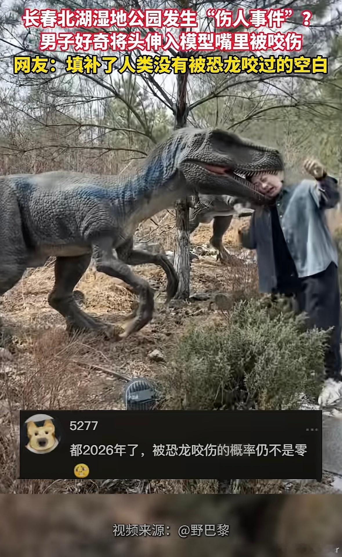男子给恐龙模型送人头被咬伤6500万年以来第一个被恐龙咬的人