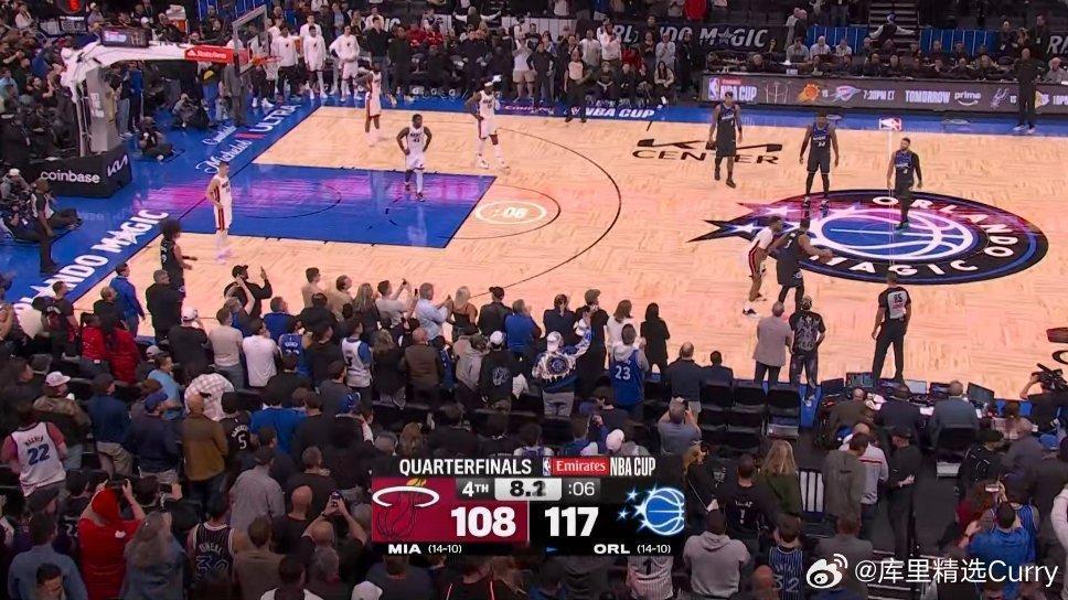 贝恩37分魔术117-108击败热火，挺进1/2决赛。热火4连败。nba杯