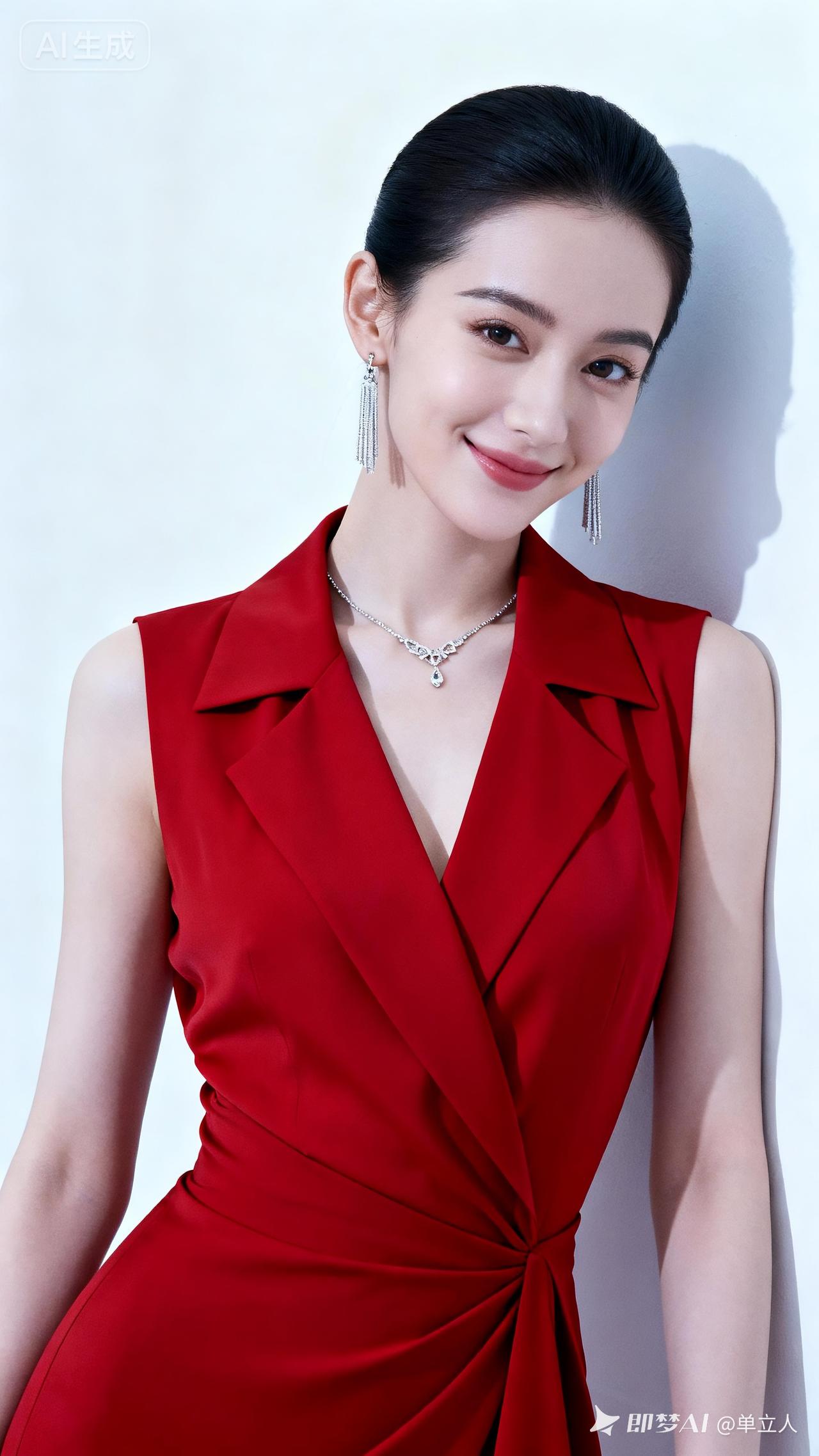 气质佳人冷白皮莹润细腻，精致面庞温婉浅笑，身着红色不规则无袖V领衬衫，发丝规整，