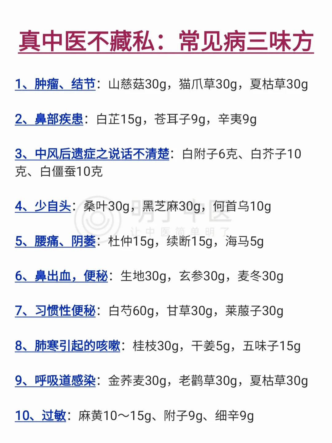 真中医从来不怕别人学，常见病三味小方❗