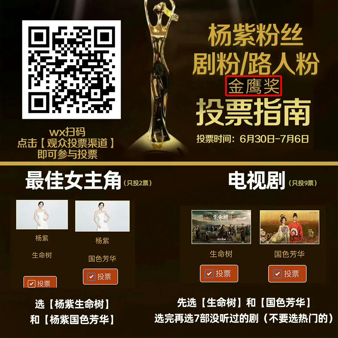金鹰奖还没有投票，继续！今晚零点截止了！杨紫值得！支持杨紫横扫三大奖！ 