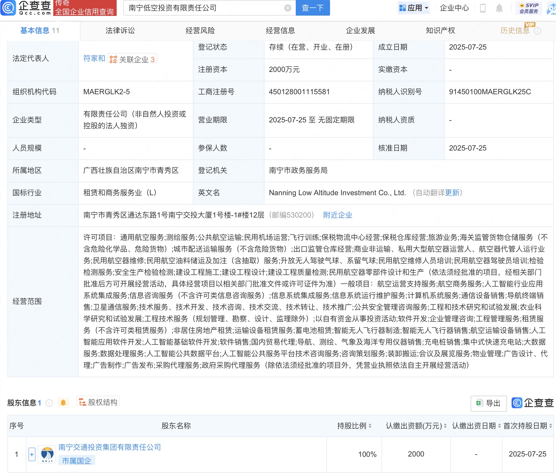 南宁低空投资公司注册成立