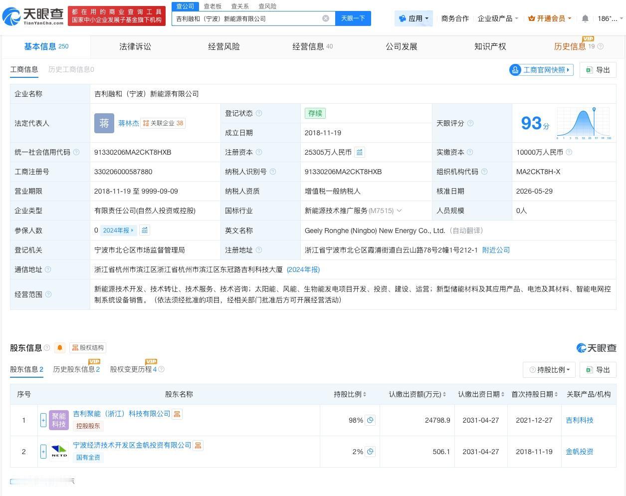吉利旗下新能源公司增资至约2.5亿
天眼查App显示，近日，吉利融和（宁波）新能