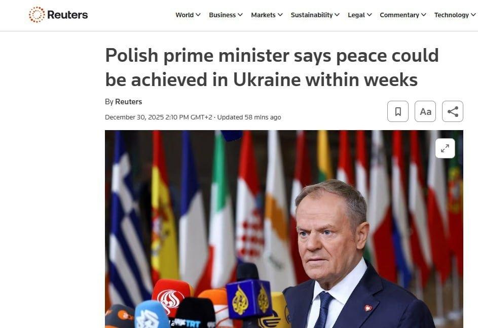 波兰总理图斯克表示，乌克兰和平有望在数周内实现，但乌克兰必须在领土问题上做出妥协
