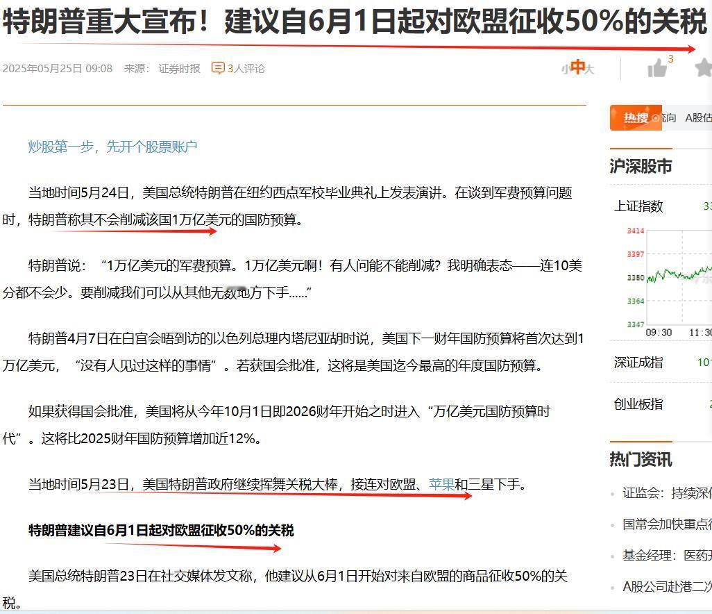 50%关税，这次是砸向了欧盟，从6月1日开始，美将对欧盟收高关税了。欧盟会跪吗？