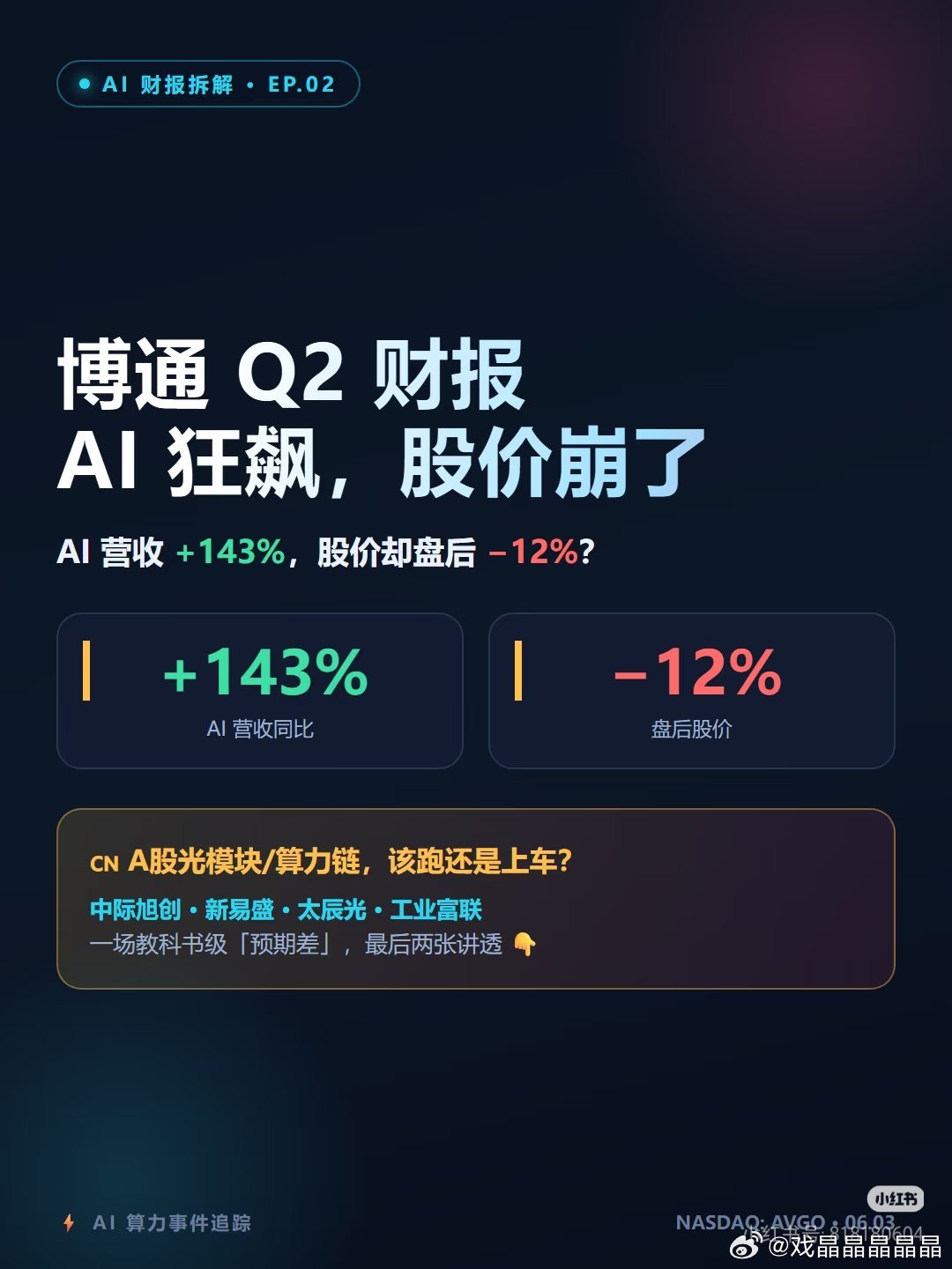 博通业绩不如预期，股价崩了，虽然业绩好，但是不如预期。