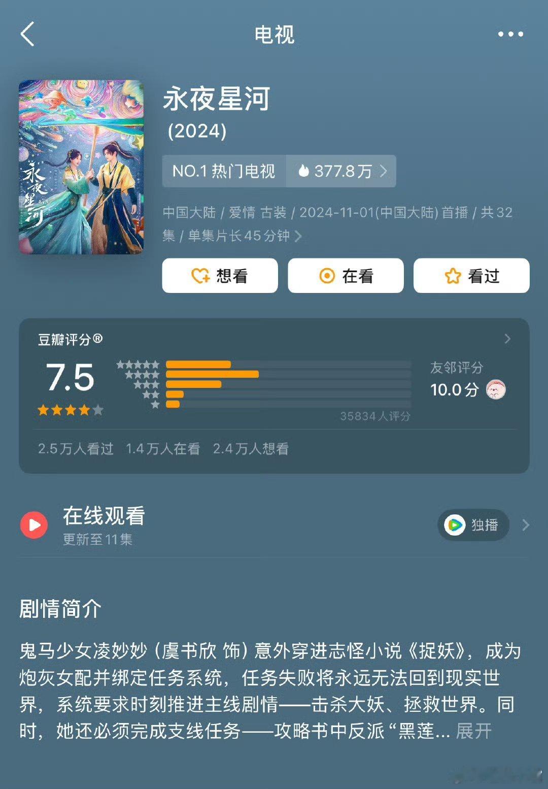 虞书欣、丁禹兮主演的#永夜星河# 豆瓣开分7.5，你觉得高了还是低了？ ​​​