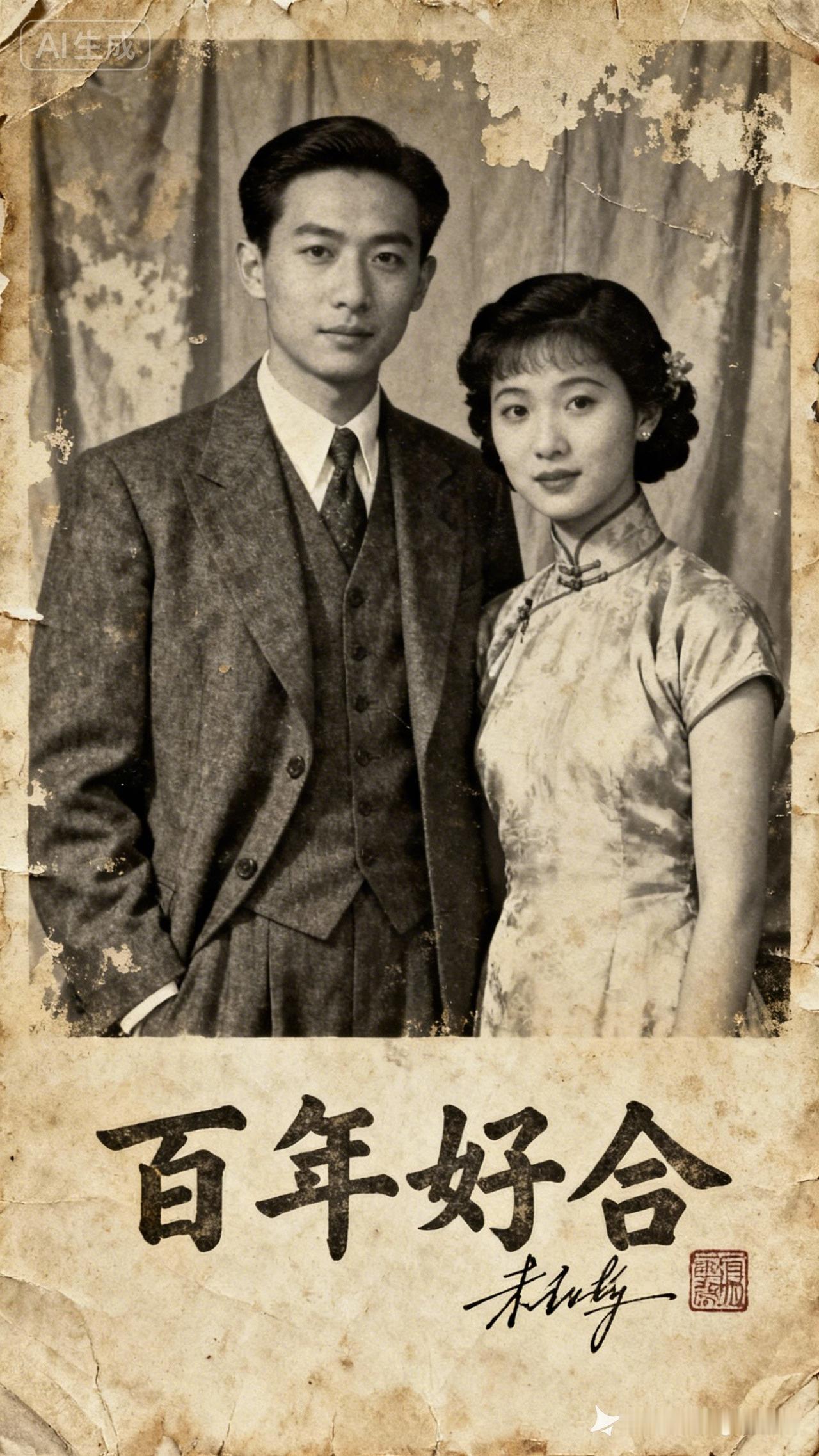 老照片里一对情侣的合影。