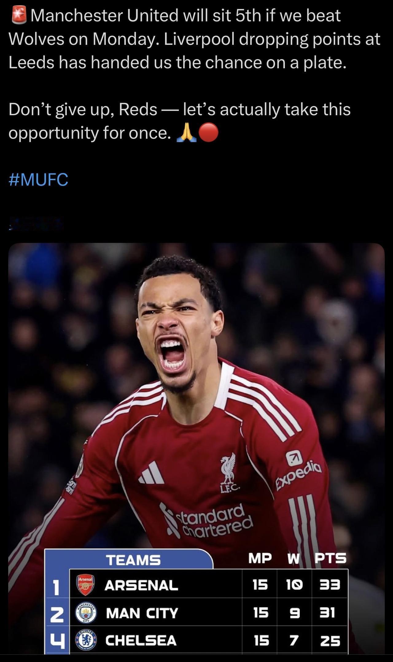 这个赛季，每次看到赢球就进前X的帖子，曼联都是非平既输[捂脸]。
求求你们别奶了