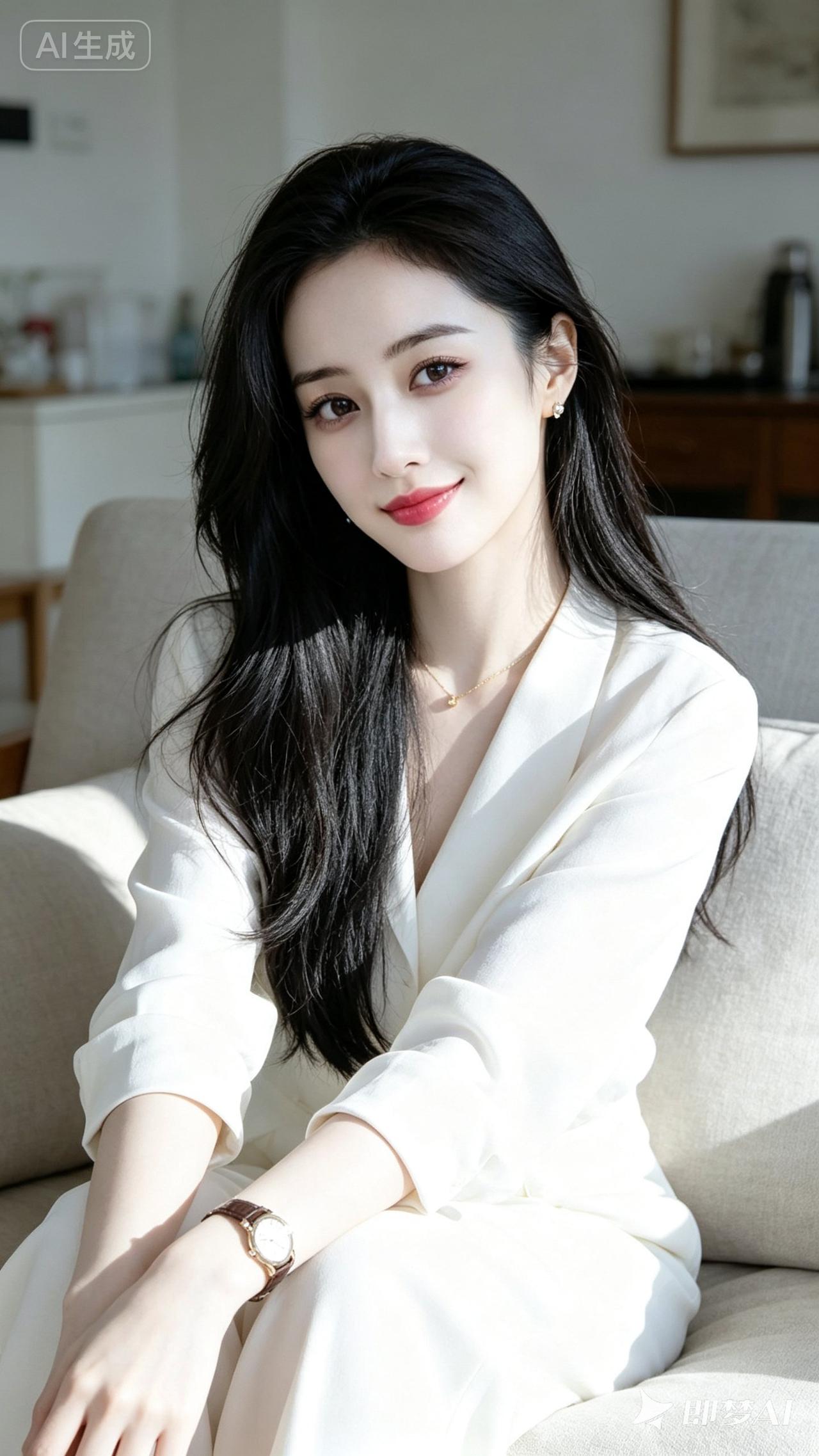 一个漂亮姑娘坐在沙发上微笑。