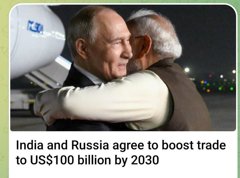 [彩虹]印俄达成共识：2030年前将双边贸易额提升至1000亿美元
 
俄罗斯总