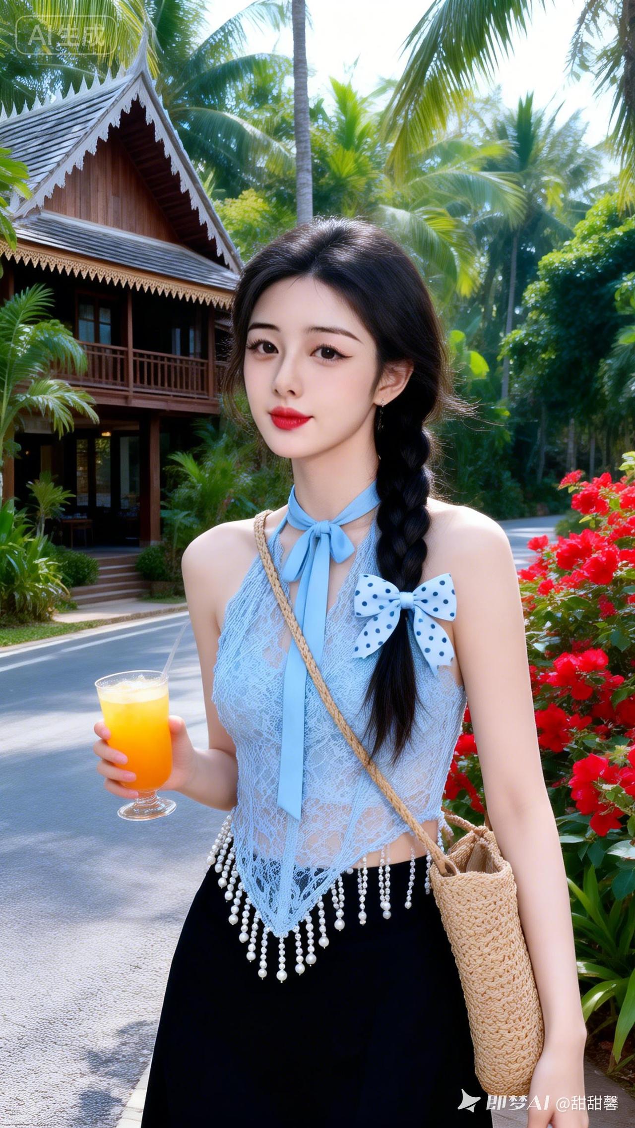 年轻亚洲冷白皮女性，慵懒单侧麻花辫配浅蓝波点蝴蝶结，浅蓝蕾丝挂脖上衣搭黑裙，挎草