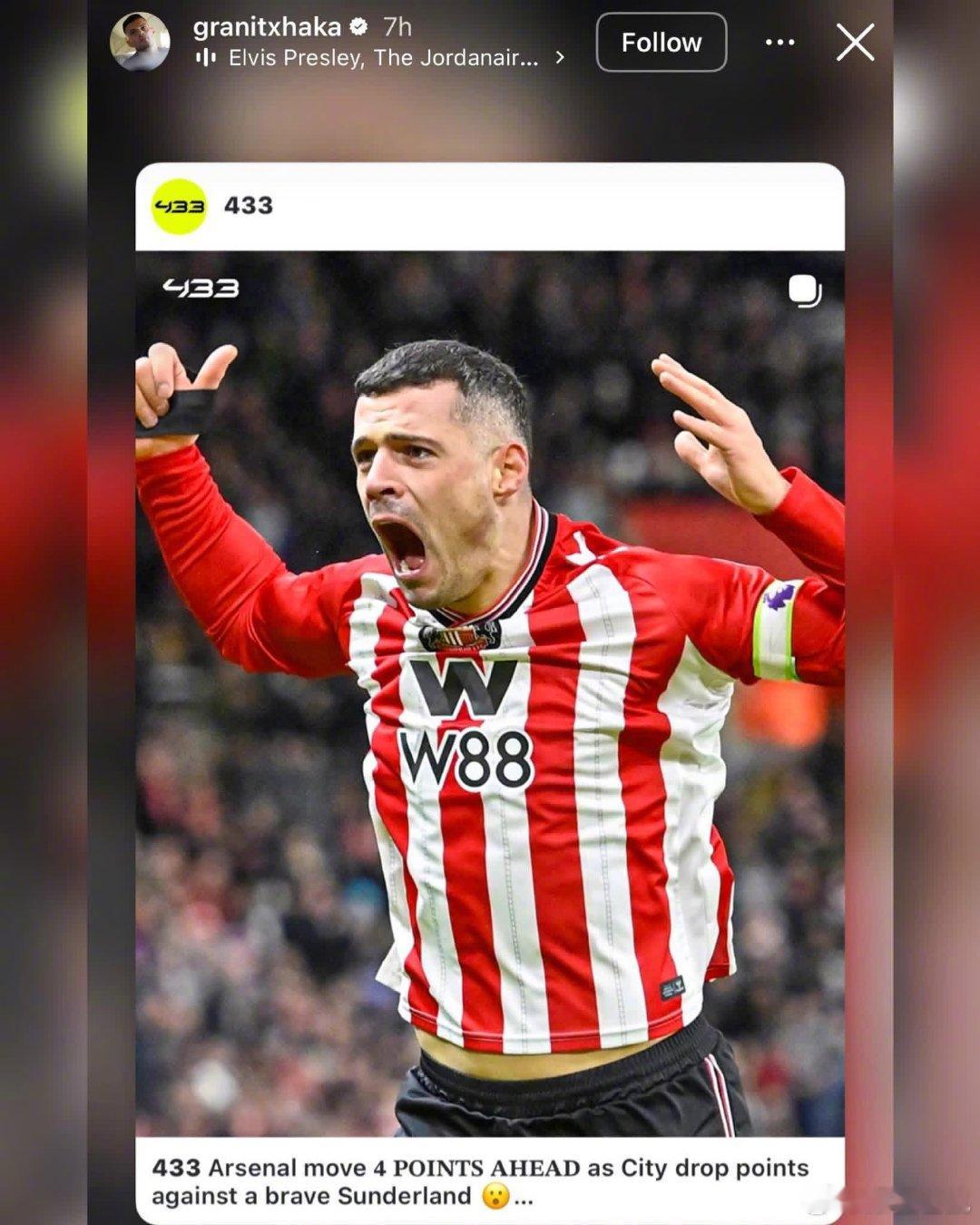 【前阿森纳队长】扎卡效力的桑德兰本轮联赛战平曼城，老东家阿森纳因此拉开了4分的差