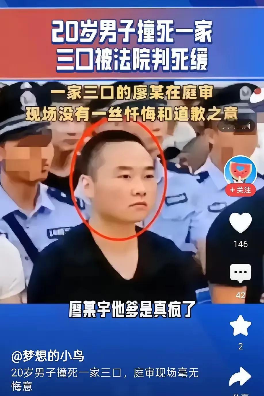 随机撞亡一家三口，为啥不是死刑立即执行？
 
江西景德镇廖某案一审宣判，20岁的