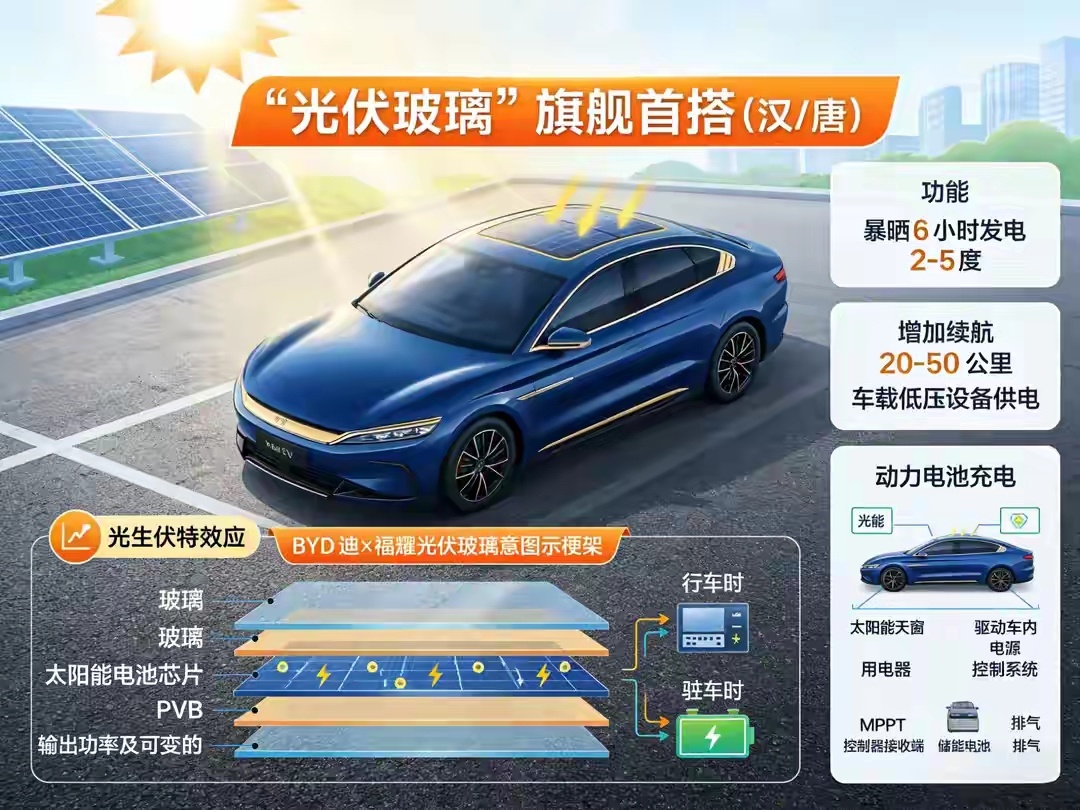 网上不是有消息爆料说，比亚迪将推‘光伏车顶’，暴晒8小时，可以发电2-5度，汉唐