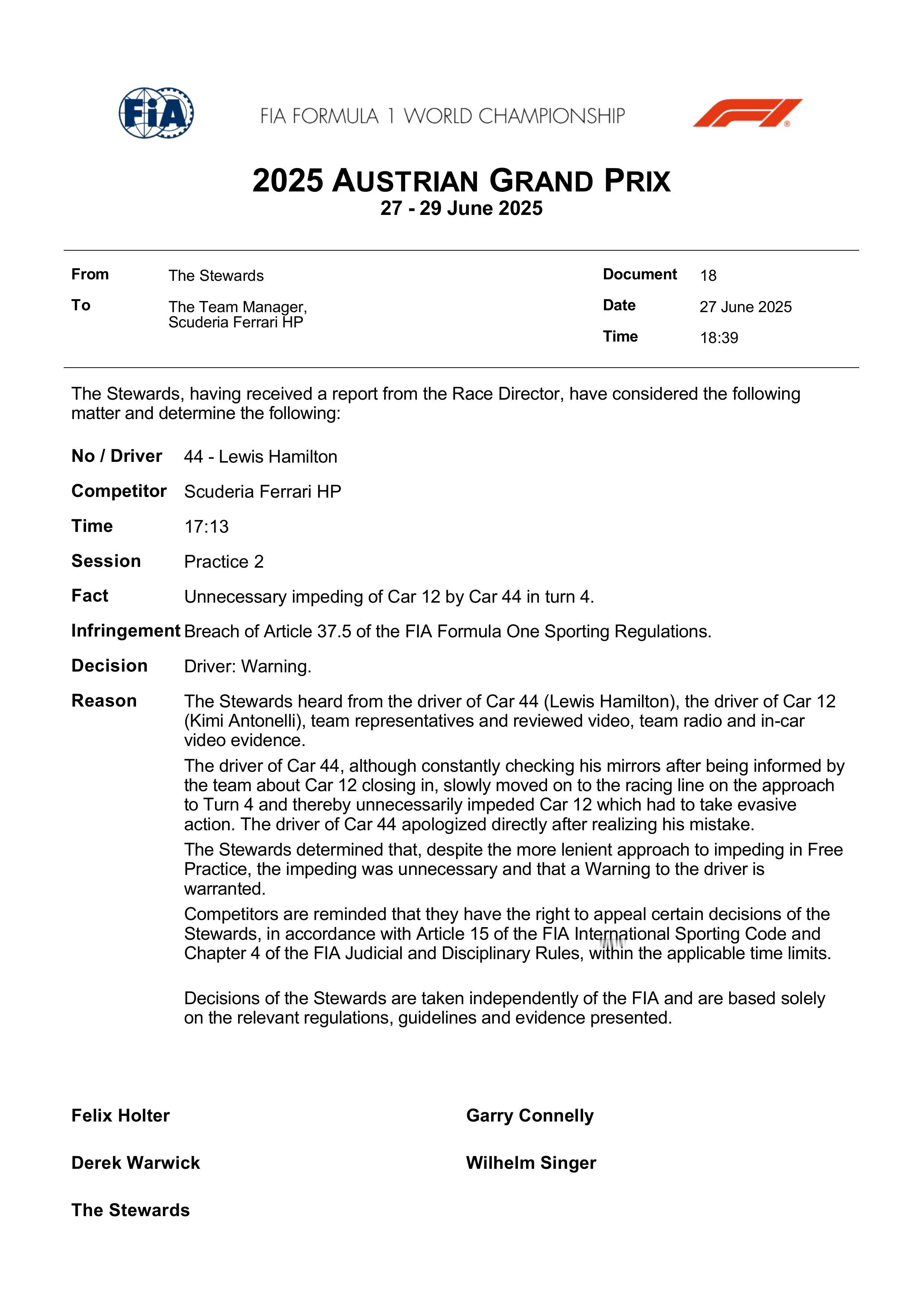 汉密尔顿因为FP2阻挡安东内利，被赛会警告一次F12025F1奥地利大奖赛 ​​