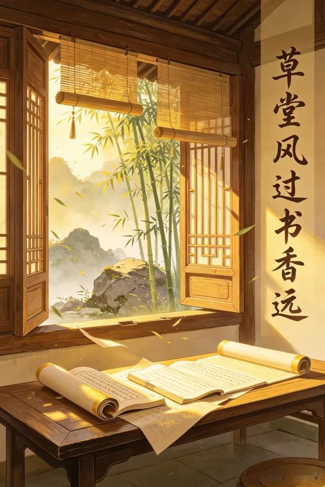 【上联】草堂风过书香远，
【下联】力透纸背筋骨存。