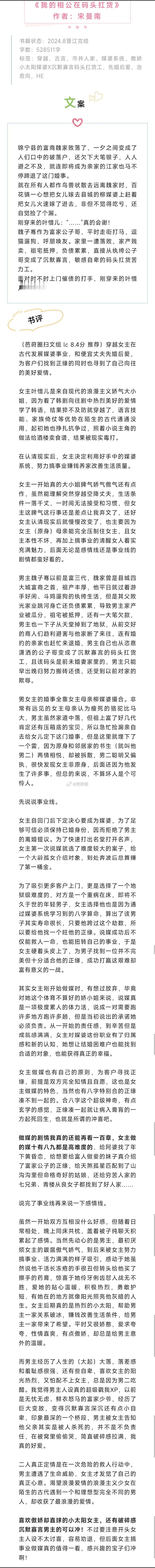 《我的相公在码头扛货》作者：宋曼南傲娇小太阳媒婆X沉默寡言码头扛货工穿越女主在古