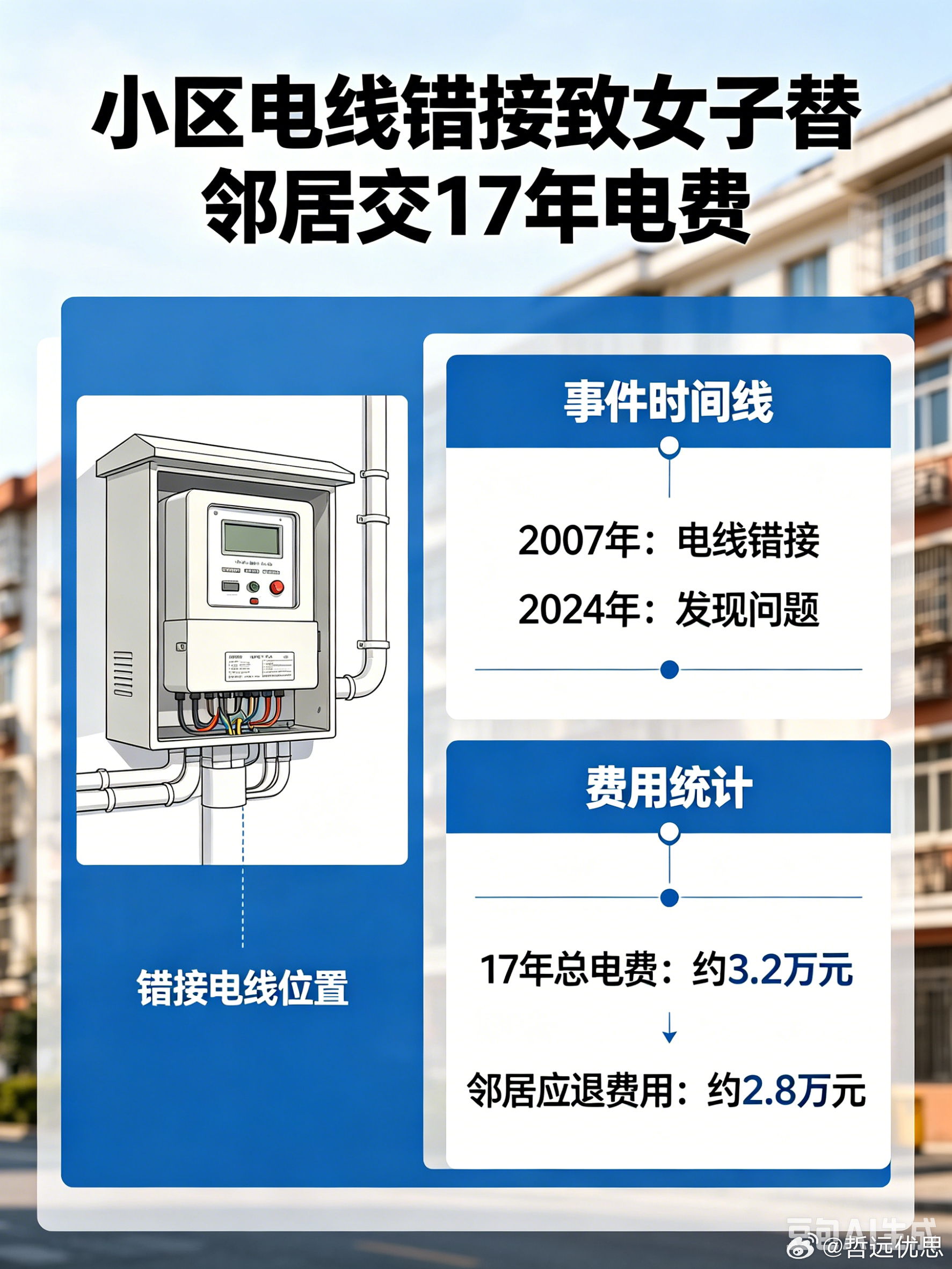 小区电线错接致女子替邻居交17年电费17年，7户邻居，电费全是她一个人在交！济南
