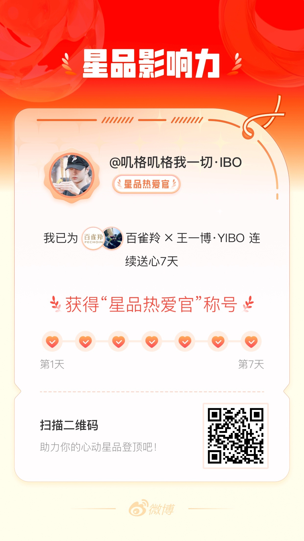 我在星品影响力上为 X 连续送心7天，获得“星品热爱官”称号！快来一起pick你