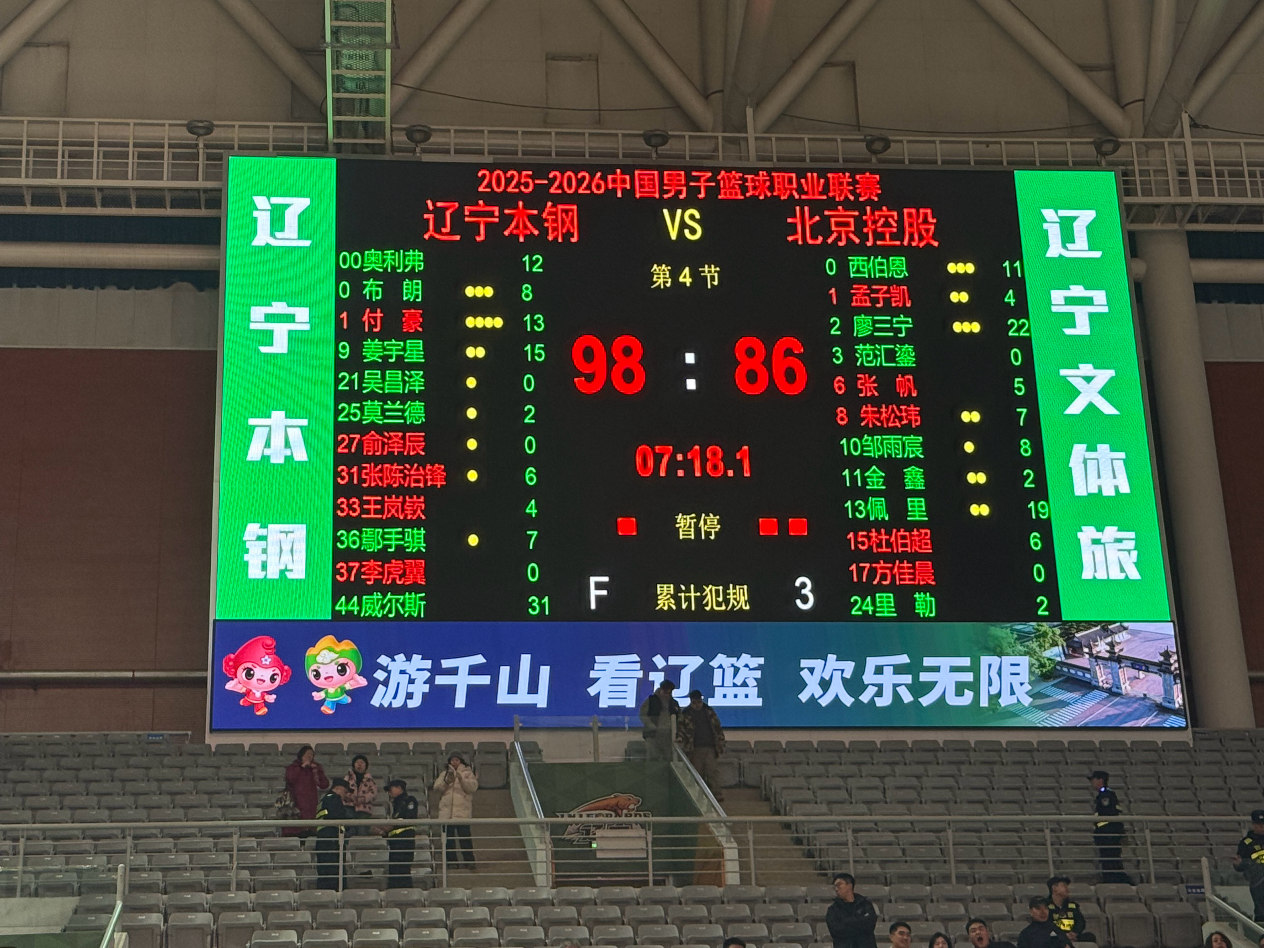 辽宁男篮98-86战胜北控男篮，取得主场三连胜！ 