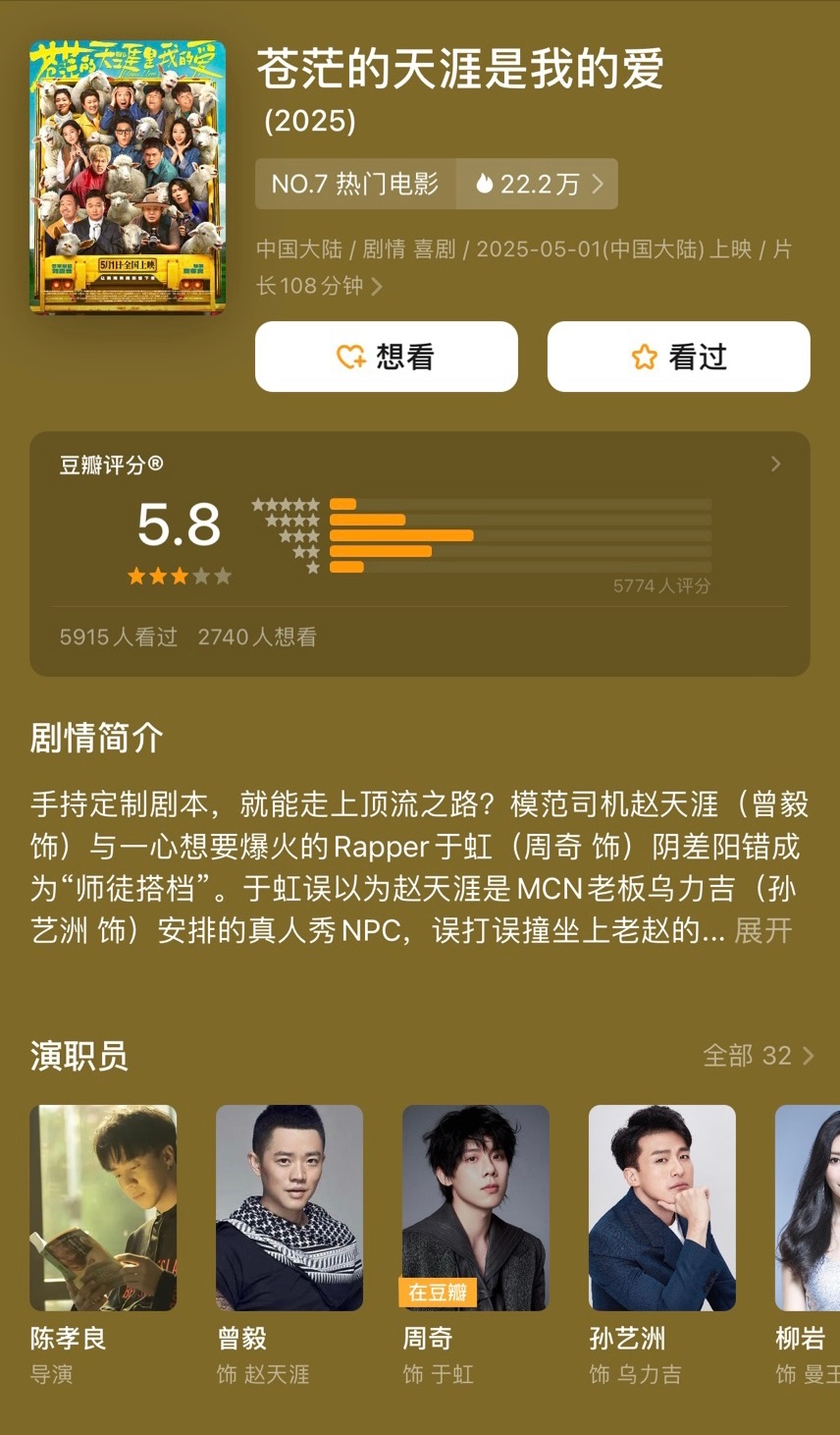 《苍茫的天涯是我的爱》豆瓣5.8。高了去了。 ​​​