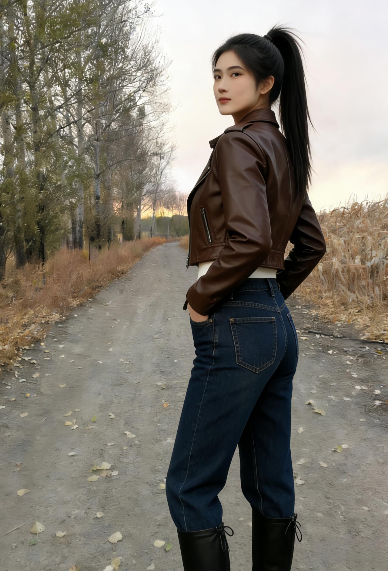 皮裘裁野色，高髻拂秋风。
转眄凝寒碧，回身振烈红。
荒蹊铺落叶，玉黍立寒空。
靴