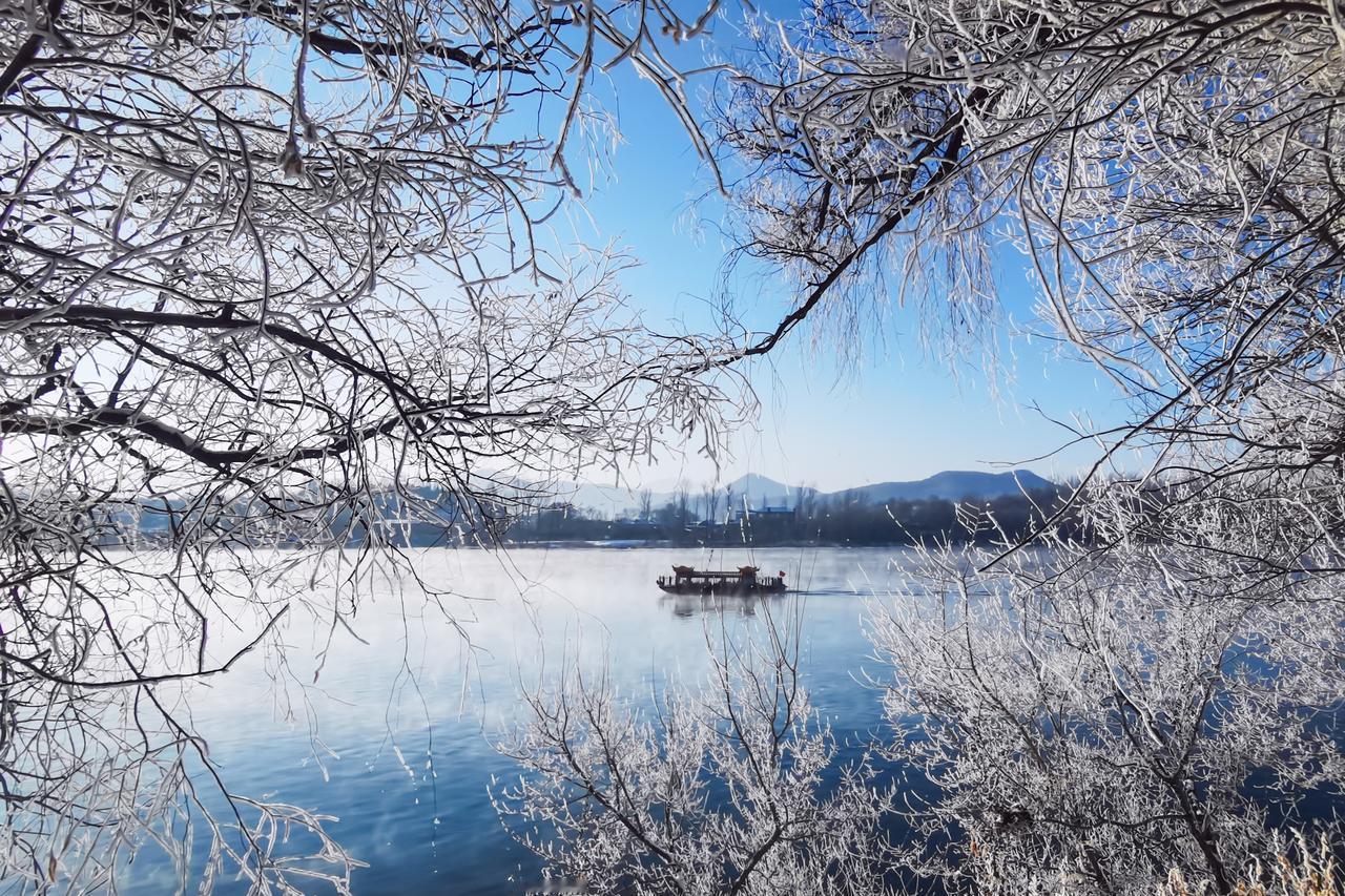 松花江的冬晨，是一幅被寒意细细雕琢的银白长卷。岸边的老柳凝霜挂玉，在净瓷般的蓝天