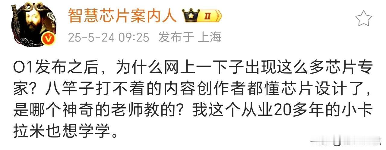 这个结论我不认同，什么叫O1发布后网上多了很多芯片专家。早在多年前麒麟芯片发布的