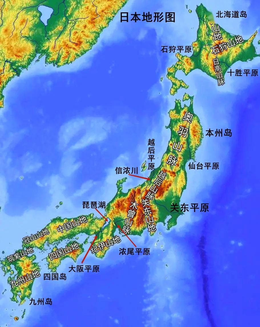 日本地形图：日本地形以山地和丘陵为主，平原较少且分布零散，国土总面积37万平方公