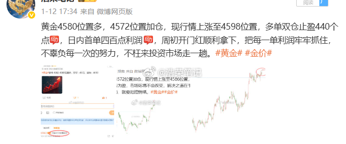 2026.1.12日周一操作记录总结！黄金4580位置多，4572位置加仓，在4