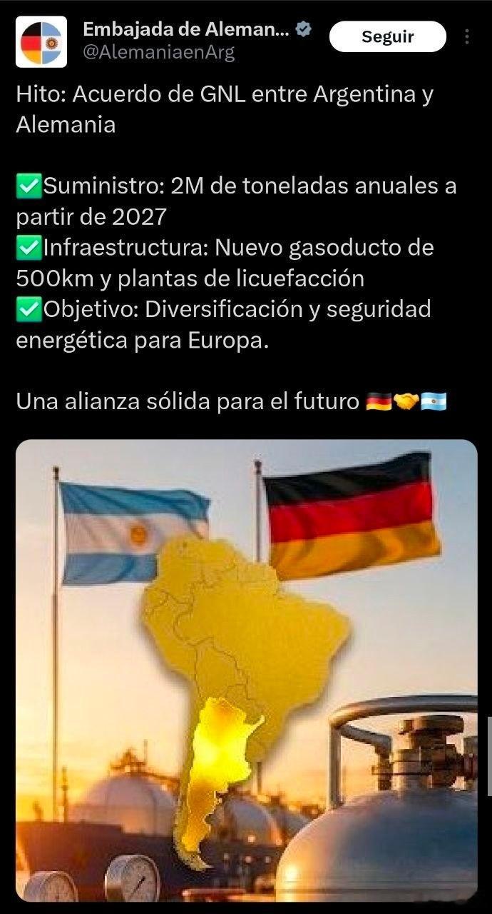 德国和阿根廷最终敲定液化天然气协议，每年将向德国输送超过200万吨天然气。德国计