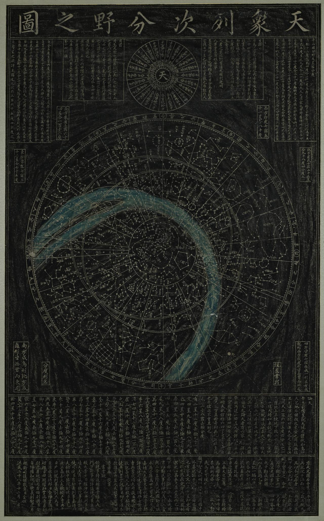 我要制作一系列精美的星空坐标图，纪念公元300年绘制《天象列次分野之图》底本的那