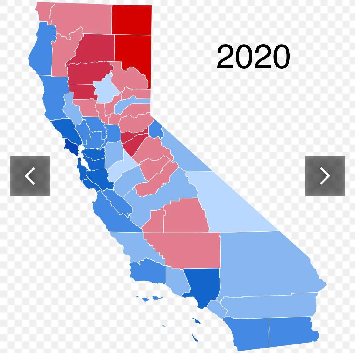 加州也进步了！左边是加州2020年总统选举投票结果，右边是2024！看到没有？2