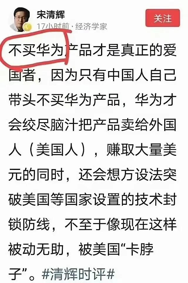 经济学家宋清辉建议国人不要买华为的产品，因为大家都不买才能倒逼华为开拓美国市场，