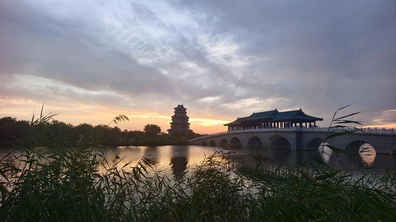 岸畔芦苇轻摇，带着夜露的清润，水鸟掠过水面，划出细碎涟漪。晨雾尚未散尽，为亭台楼