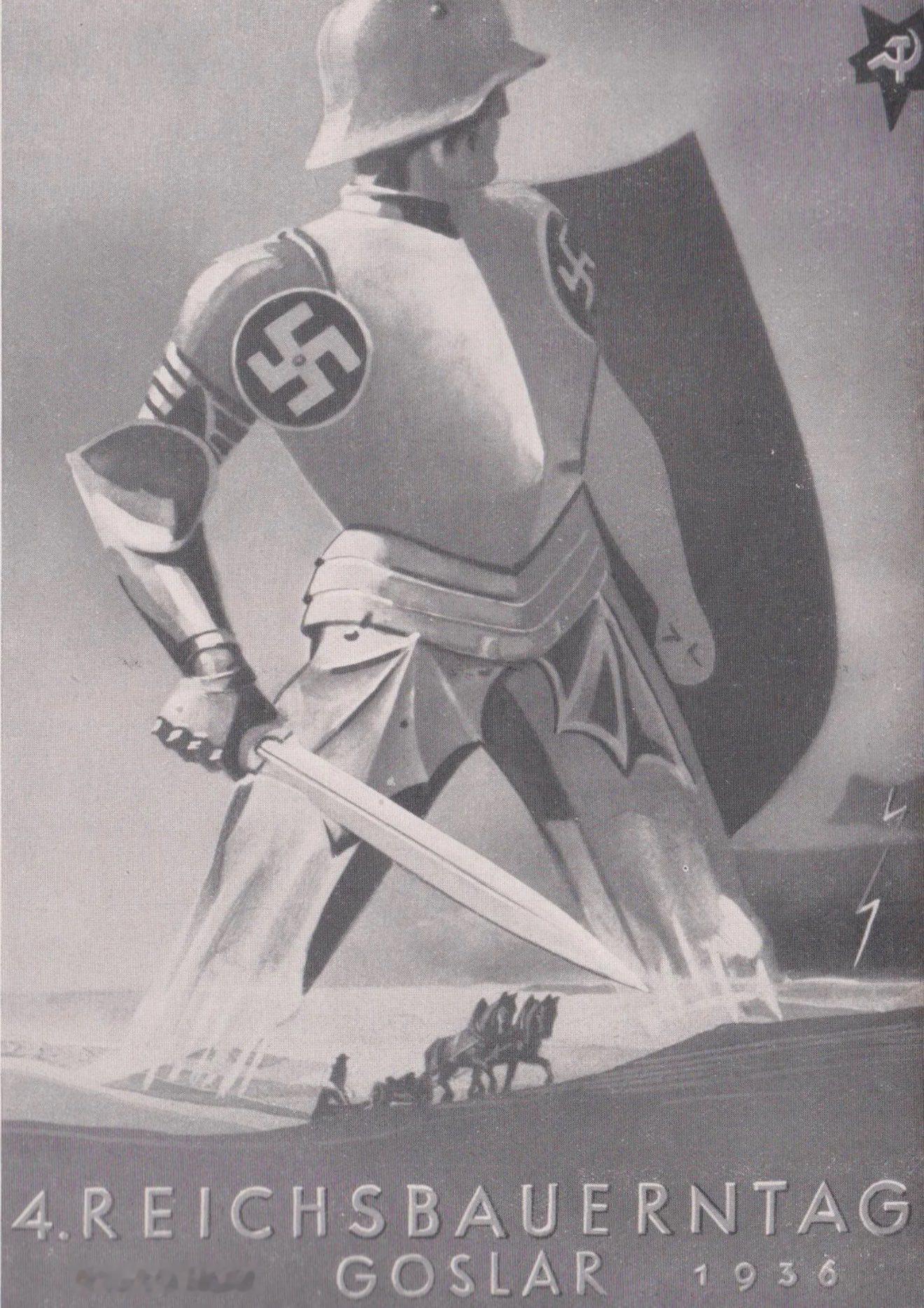 1936年，纳粹德国宣传海报：将德国士兵塑造成骑士形象，与“犹太-布尔什维主义”