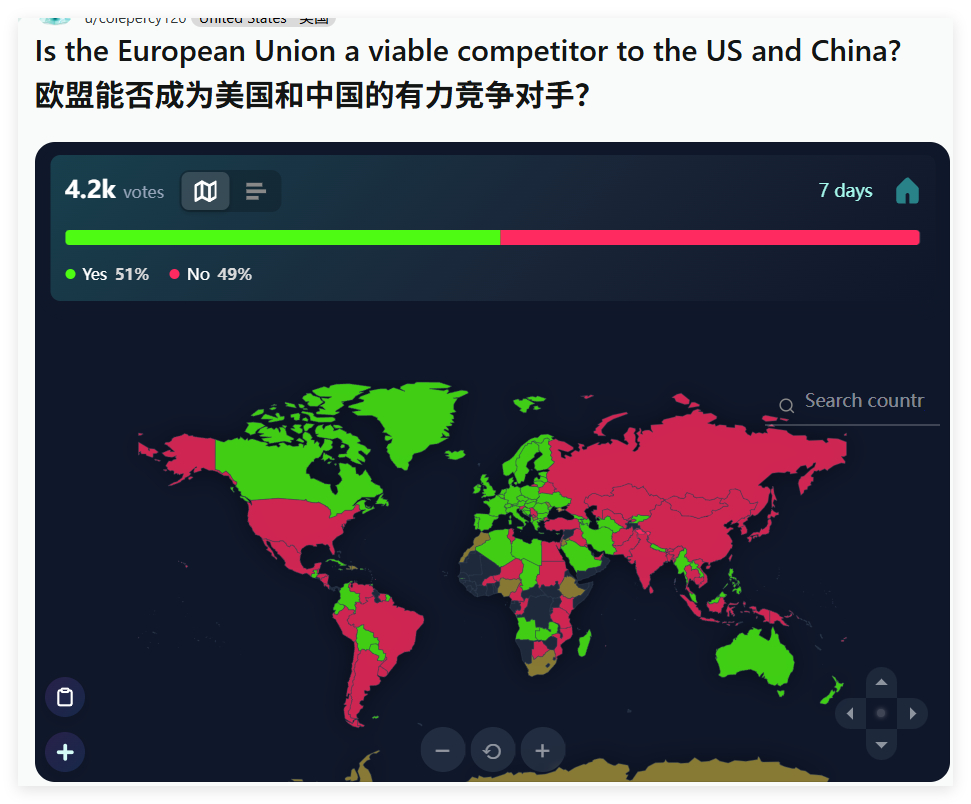 欧盟的优势在哪知道么？如图，有人做了一个“欧盟能否成为美国和中国的有力竞争对手？