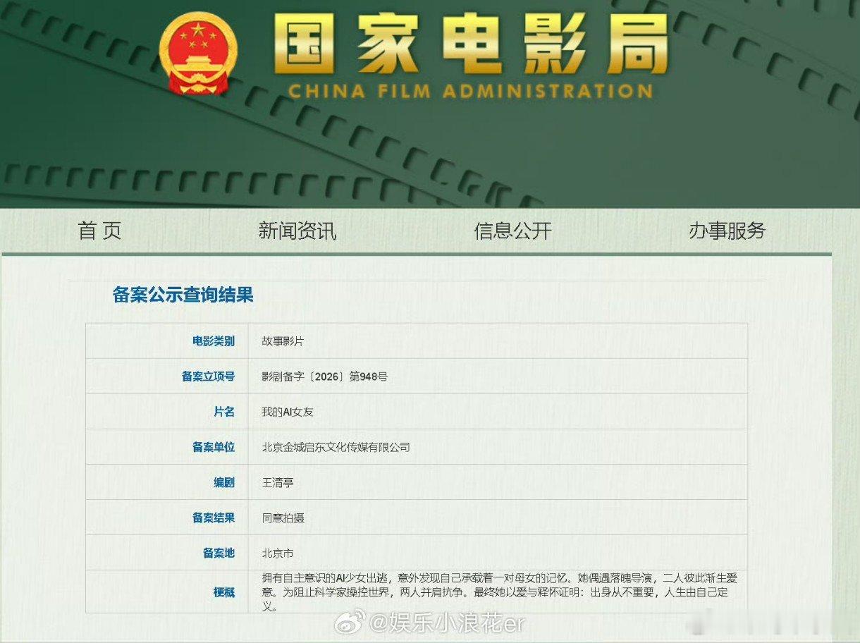 电影我的AI女友立项电影《我的AI女友》立项，王清亭担任编剧，故事梗概：拥有自主