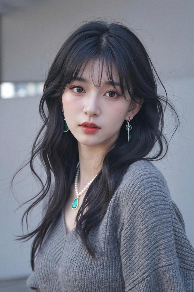 温柔黑发少女，清新自然妆容，优雅气质穿搭