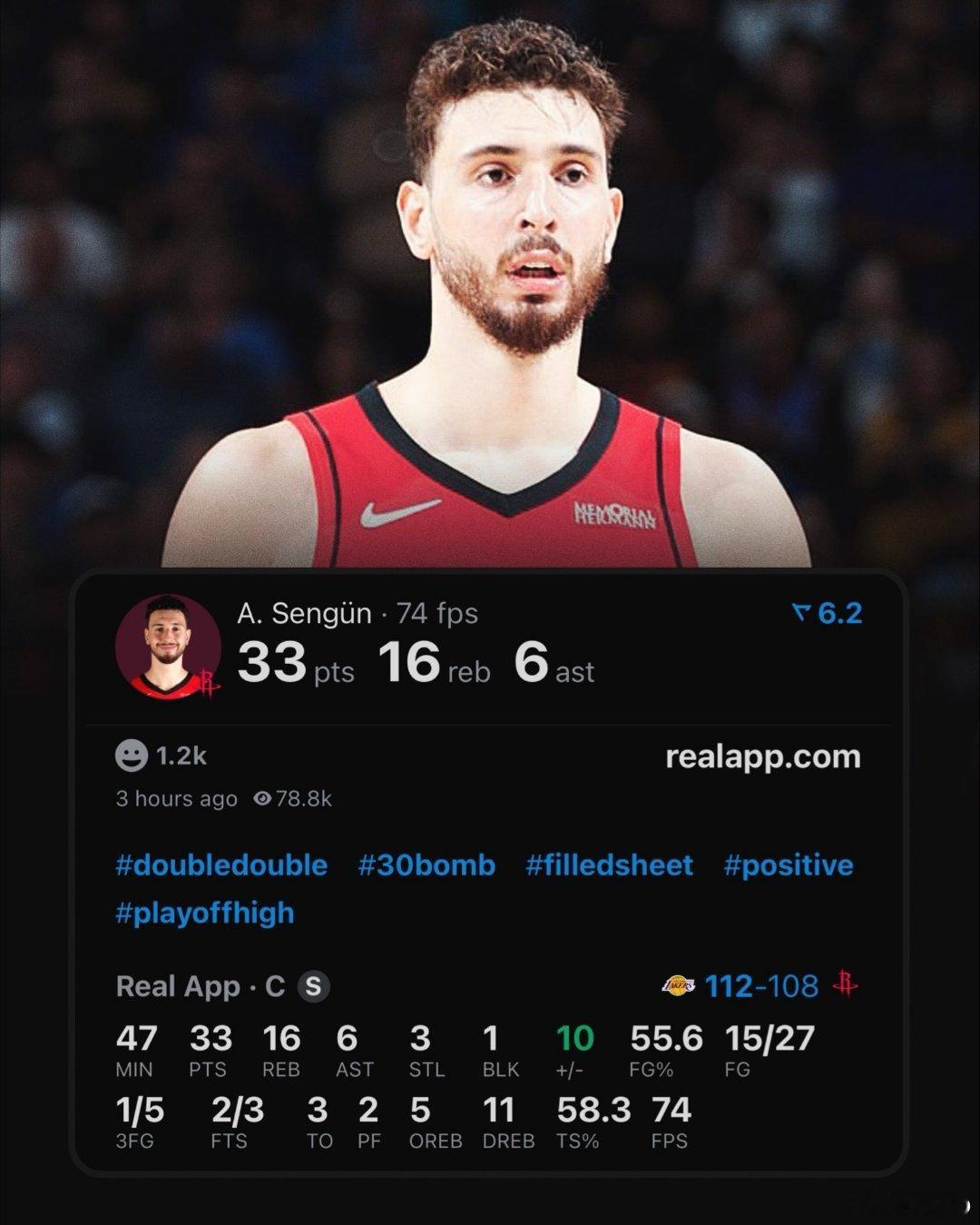 申京今天33＋16＋6是NBA季后赛历史上第三快达成以下数据的球员：200+得分