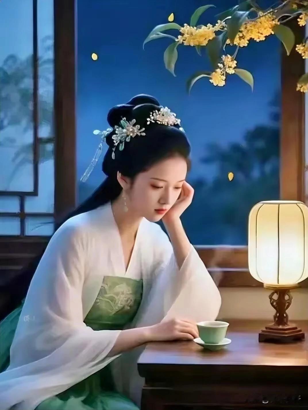 一盏清茶伴月沉，
窗前未觉已秋深。
寒香渐染青衫袖，
吴刚桂酒沁人心。