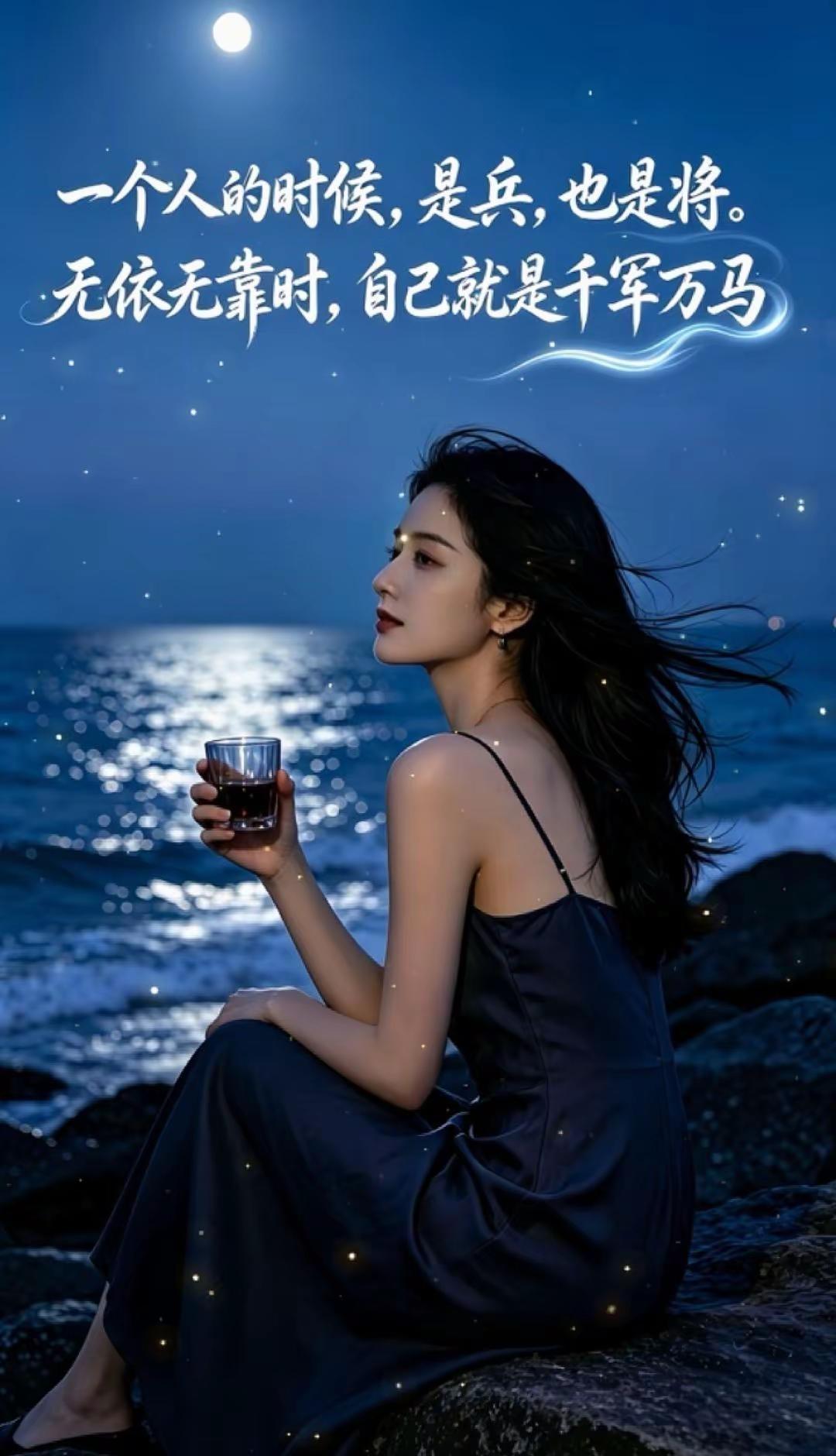 夜幕下的海边，一杯微醺+侧颜回眸，氛围感直接拉满✨随手一拍就是电影大片既视感～海