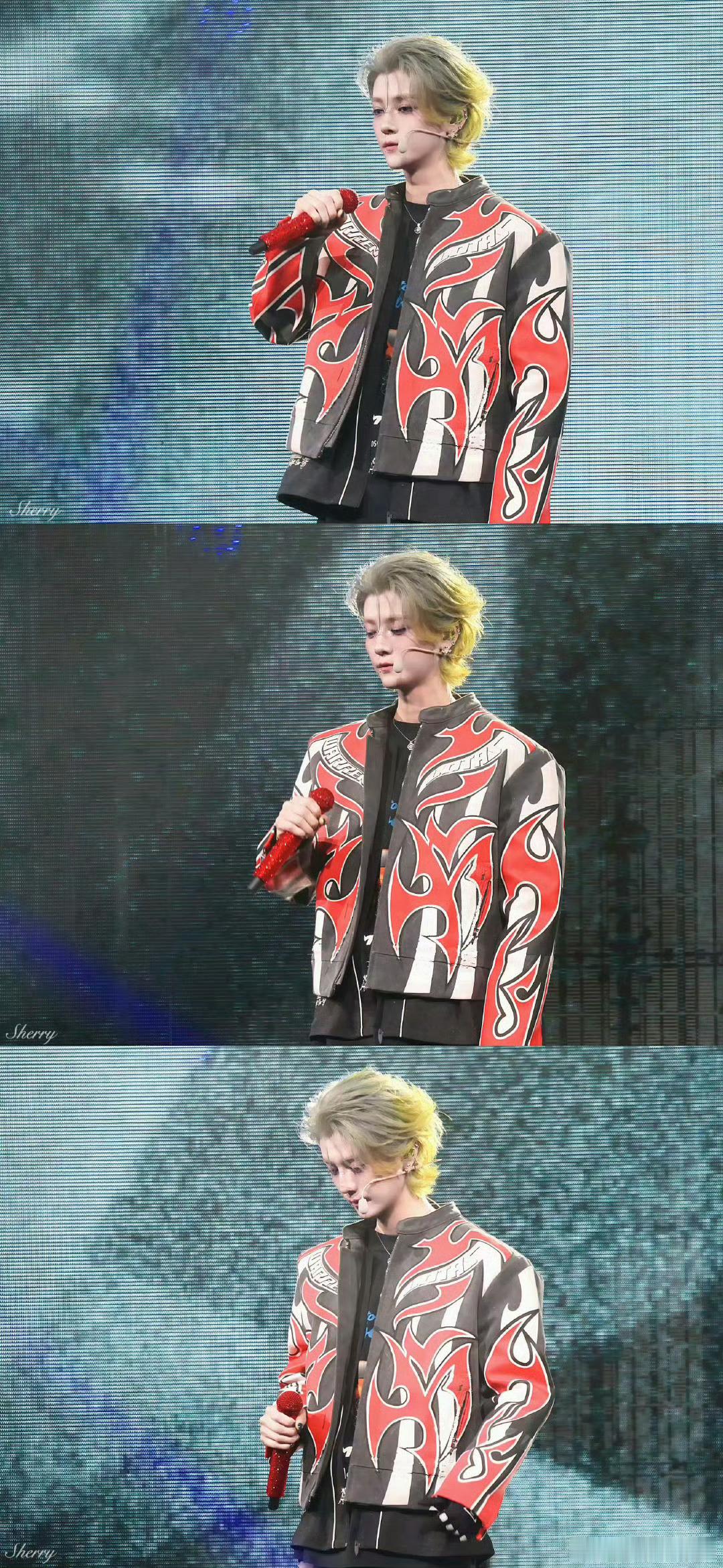 鹿晗撞色机车服造型不得不说今天晚上鹿晗的演唱会造型真的是帅麻了，撞色机车服造型也