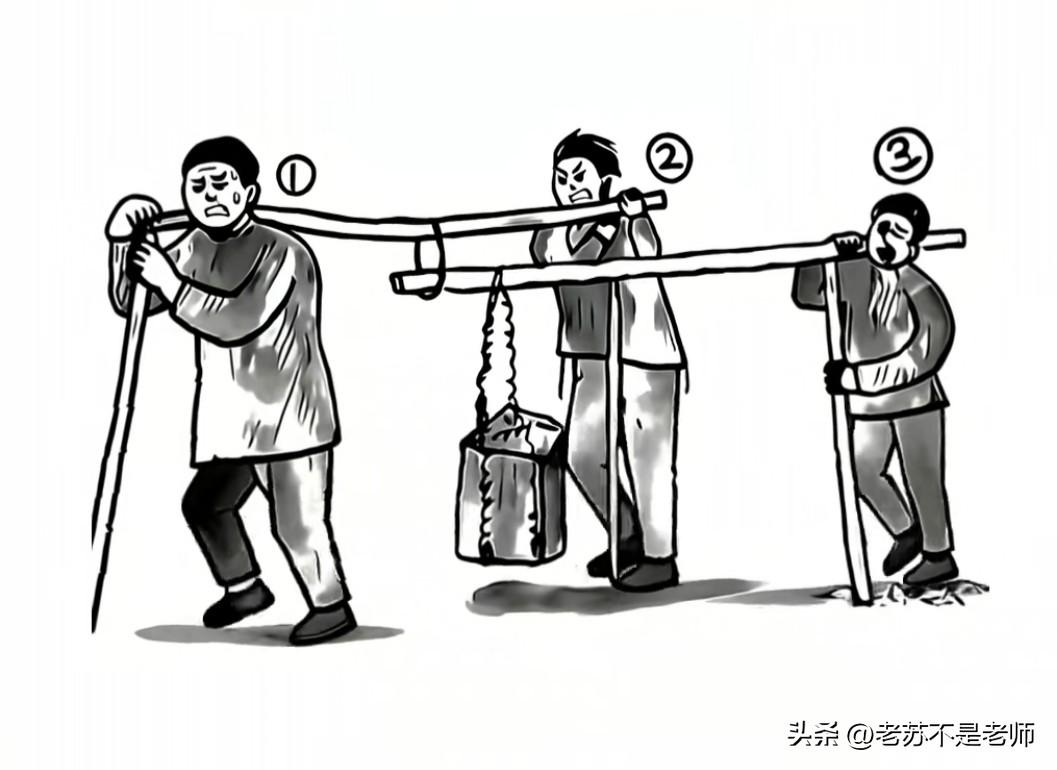 三个人以这样的方式抬石头，你认为谁最累，谁更轻松。