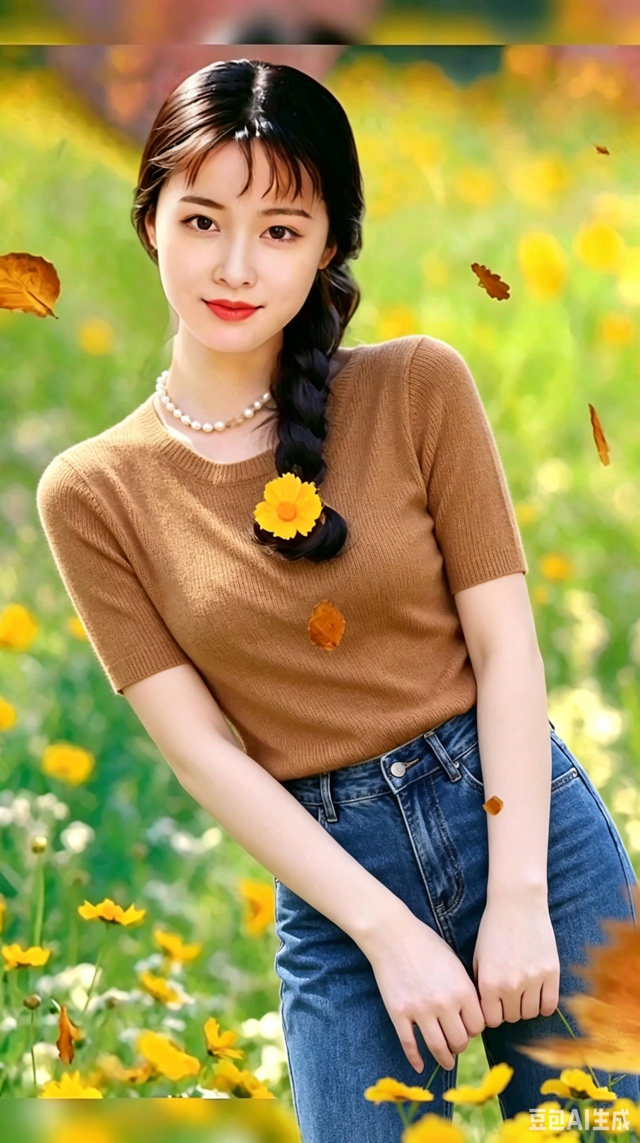 秋日暖阳下，少女与花共舞