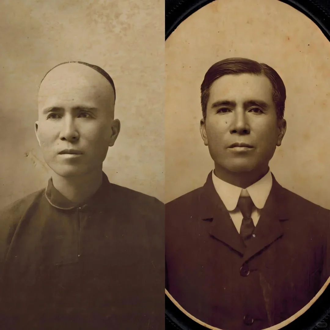 19世纪末，广东中山市三乡镇冯姓男子赴美工作前后的照片。（左图：19 ...