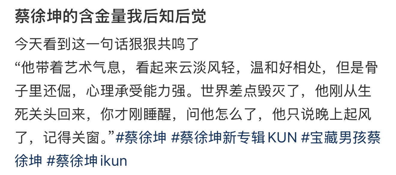 这描述简直蔡徐坤本KUN了……他带着艺术气息，看起来云淡风轻，温和好相处，但是骨