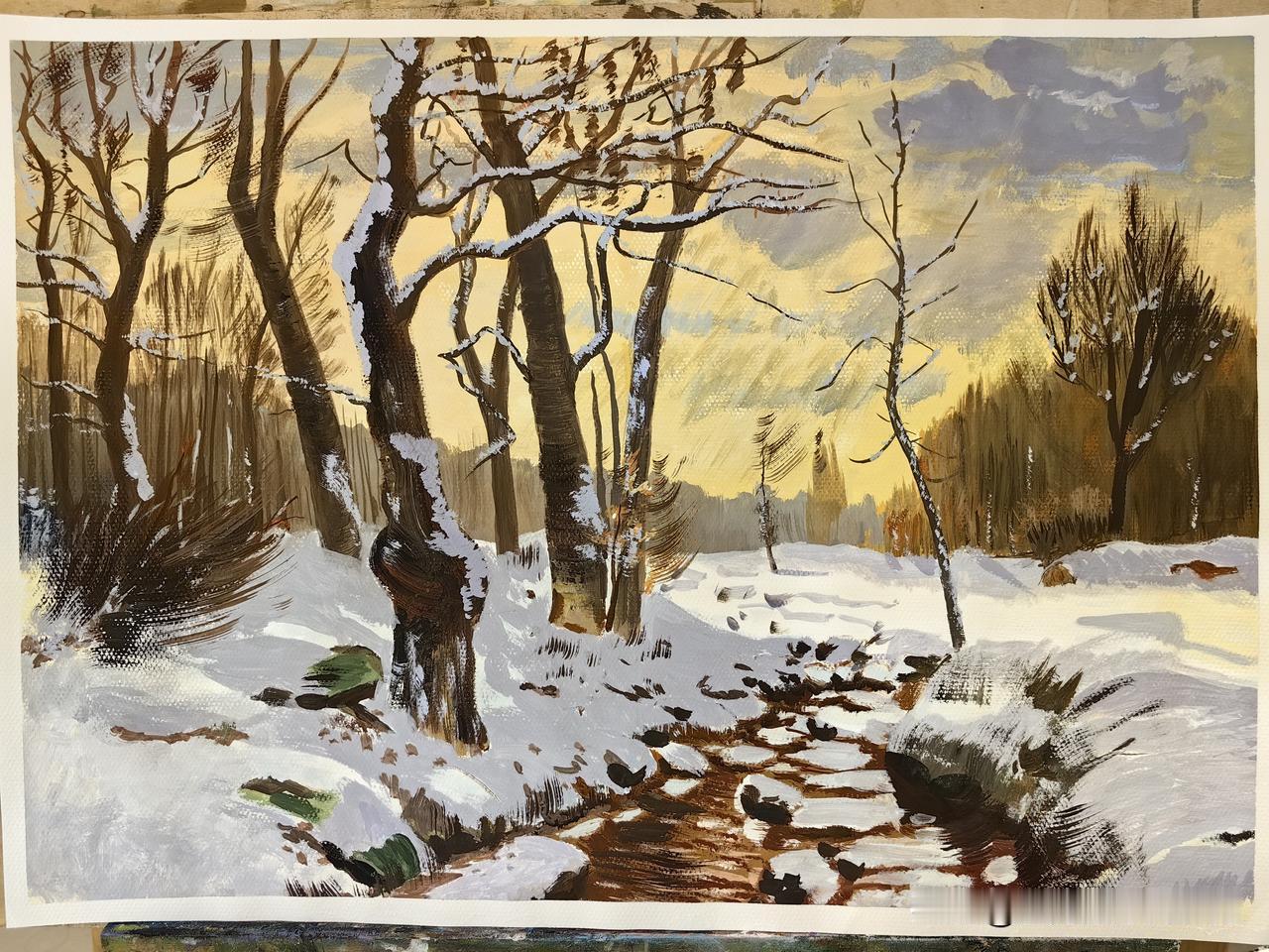 每日一练（水粉画）
 
烟雨黄梅溽暑稠，
画中寒雪覆荒丘。
一窗湿闷无从解，
且