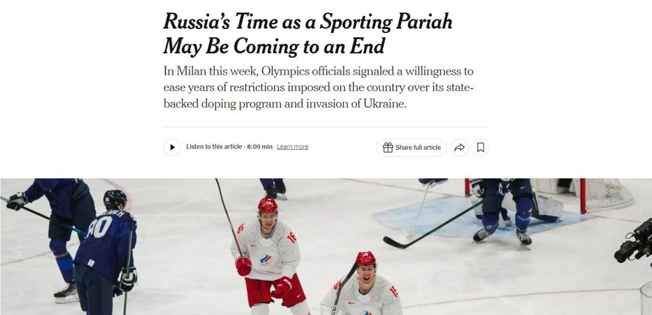 纽约时报援引国际奥委会（IOC）在米兰举行的会议消息称，俄罗斯可能结束在国际体育